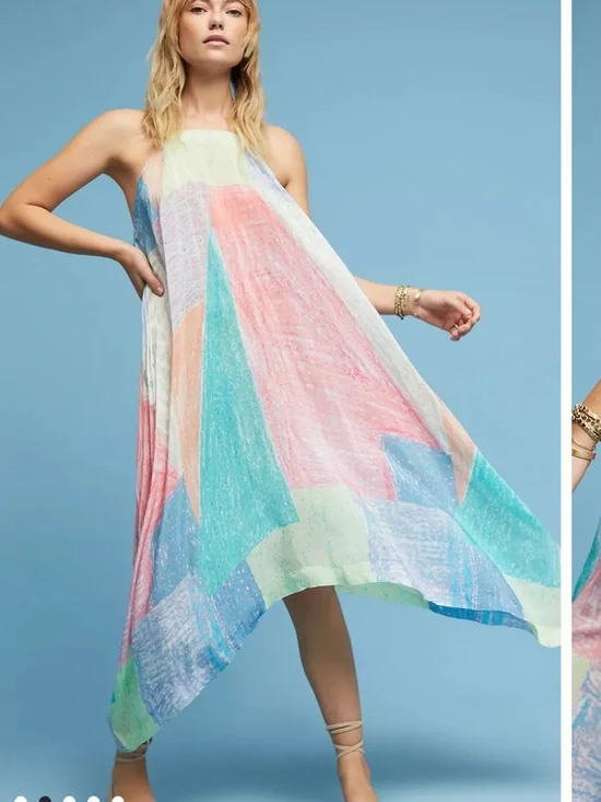 Anthropologie Lilka Annette Rainbow Handkerchief Watercolor Maxi Dress XS/S - Picture 2 of 6